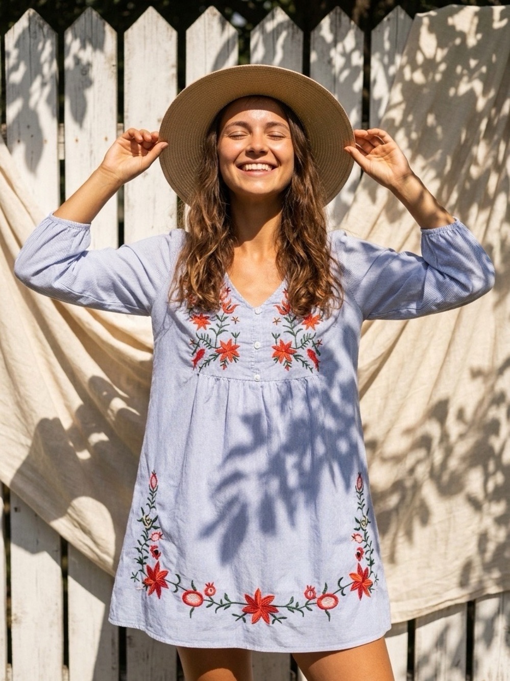 Light Blue Embroidered V-Neck Tunic Dress